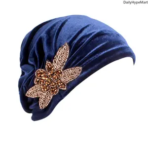 Velvet Pleated Turban Hat with Beaded Flower, Soft Hair Loss Bonnet for Women