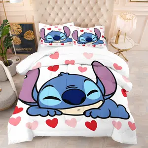 Valentine's Day Themed Stitch Cute Cartoon Pattern Quilt Set, Including 1 Blanket And 1 Or 2 Pillowcases Without a Core, Suitable For Bedding Sets In Family Bedrooms And Dormitories, And Can Be Used As Valentine's Day Gifts