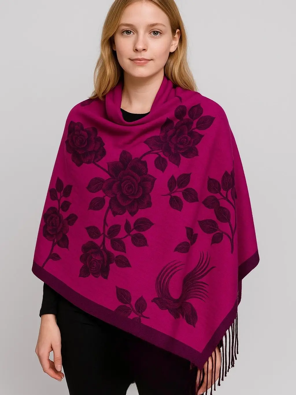 Women's Reversible Rose Flower Scarf - Oversized Shawl with Fringe Details in Elegant Floral Design Viscose Material Perfect for All Seasons - Pink