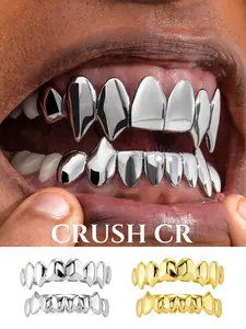 CRUSH CR 18K Gold Plated Vampire Mirror Fang Full Mouth Grillz Accessory, Silver/Gold Options,  Perfect For Hip Hop Concerts, Club Nights Streetwear Styling Halloween Costume Parties, Ideal For Men & Women