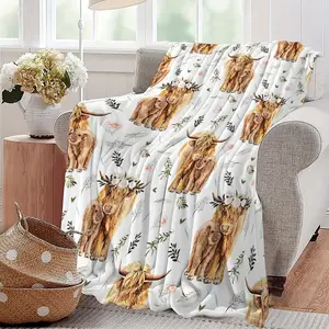 Cute Highland Cow & Calf Flannel Blanket, Ultra-Soft Plush Throw with Watercolor Floral Print, Cozy Warm Fleece Blanket for Couch Bed, Perfect Gift for Farm Animal Lovers & Moms, All-Season Comfort