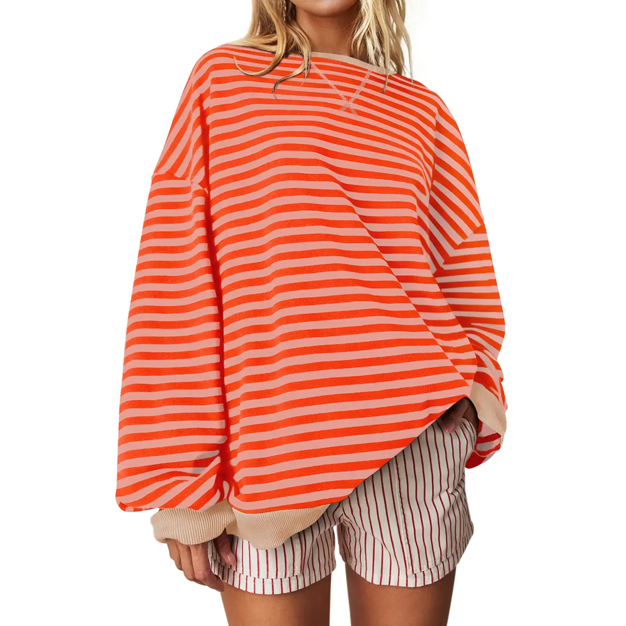 UEU Women’s Oversized Striped Sweatshirt Casual Loose Crewneck Longsleeve Top Fall Winter Outfit Christms Cute Style Cotton Pullover Vintage Shirt
