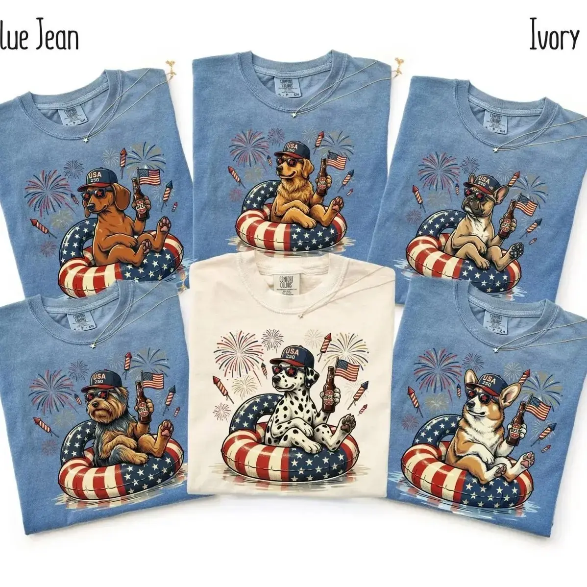 Comfort Colors Patriotic Dogs Shirt, 50 Dog Breeds Shirt, 4th of July Dog Shirt, USA Flag Fireworks Tee, America 250 Shirt, Custom Dog Breed Tee, Independence Day Dog Lover Gift, Patriotic Graphic Tee for Women & Men