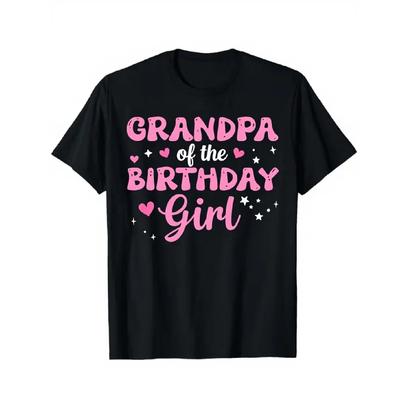 merch shirt for men 1pc Men'S Funny "Grandpa of the Birthday Girl" Graphic T-Shirt - Black with Pink Lettering & Heart Print, Classic Crewneck Short Sleeve Casual Birthday Party Outfit, Comfortable Knit Fabric, S-XXXL Sizes for Grandpa'S Special Day