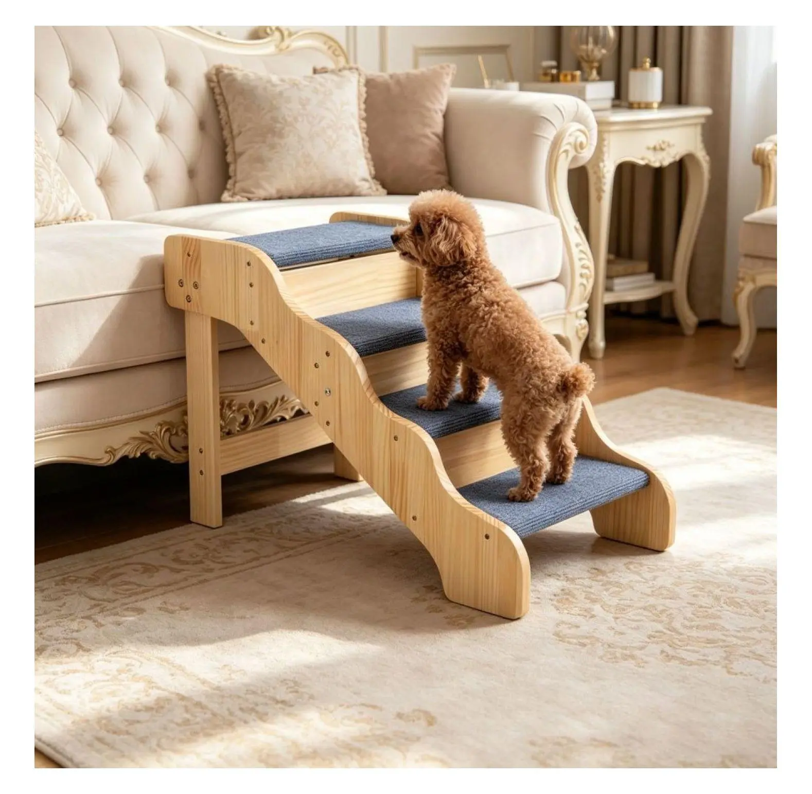 Wooden 4-Step Dog Stairs for Bed - Pet Mobility Aid with Non-Slip Surface, 150 lbs Capacity, Safe Climbing for Small/Medium & Senior Dogs, 16.5l x 15.7w x 18.1h, Easy Assembly