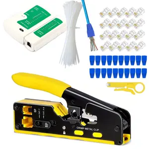 RJ45 Crimp Tool Kit All-in-One Ethernet Crimper Cat7 Cat6 Cat5 Crimping Tool with Network Cable Tester, 20pcs Cat5 RJ45 Pass Through Connector, 20pcs Connector Boots for Home Office Network Connect