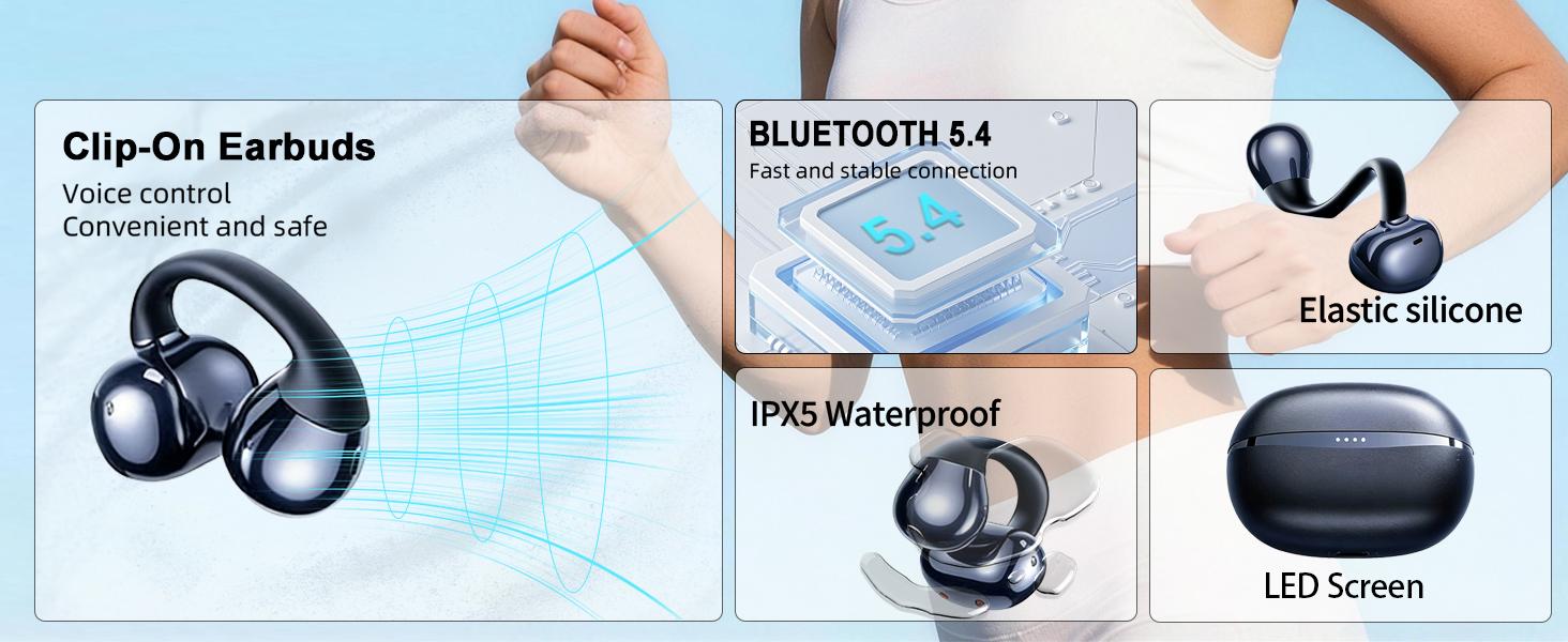 AI True Open Ear Earbuds Wireless Bluetooth Open Ear Headphones, Lightweight Clip on Earbuds 45H Playtime ENC Clip on Headphones, Over Ear Buds with Waterproof Fit Sport, Running, Workout