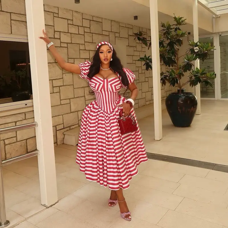 Women's Candy-Stripe Casual Dress - Comfortable Fit, Green-White Striped Lady's Casual Wear for Summer Party Vacation
