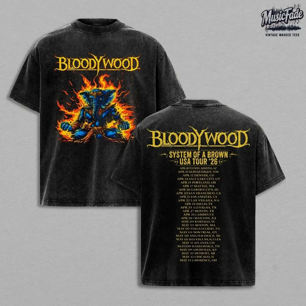 Bloodywood System Of A Brown USA Tour 2026 Vintage Washed Oversized T Shirt, Indian Folk Metal Band Concert Tour Dates Graphic Tee, Double Sided Heavyweight Cotton Acid Wash Shirt, Metalhead Streetwear Retro Rock Band Fan Merch, Unisex Gift Tee NOZ