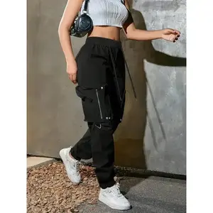 Women's solid color pocket drawstring work pants, casual streetwear style daily wear pants, four season women's underwear (gifts)
