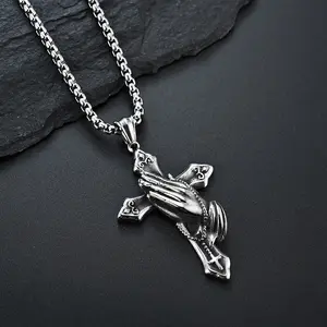 XINCY Eternal Stainless Steel Prayer Hand Cross Necklace - Waterproof and Non Fading