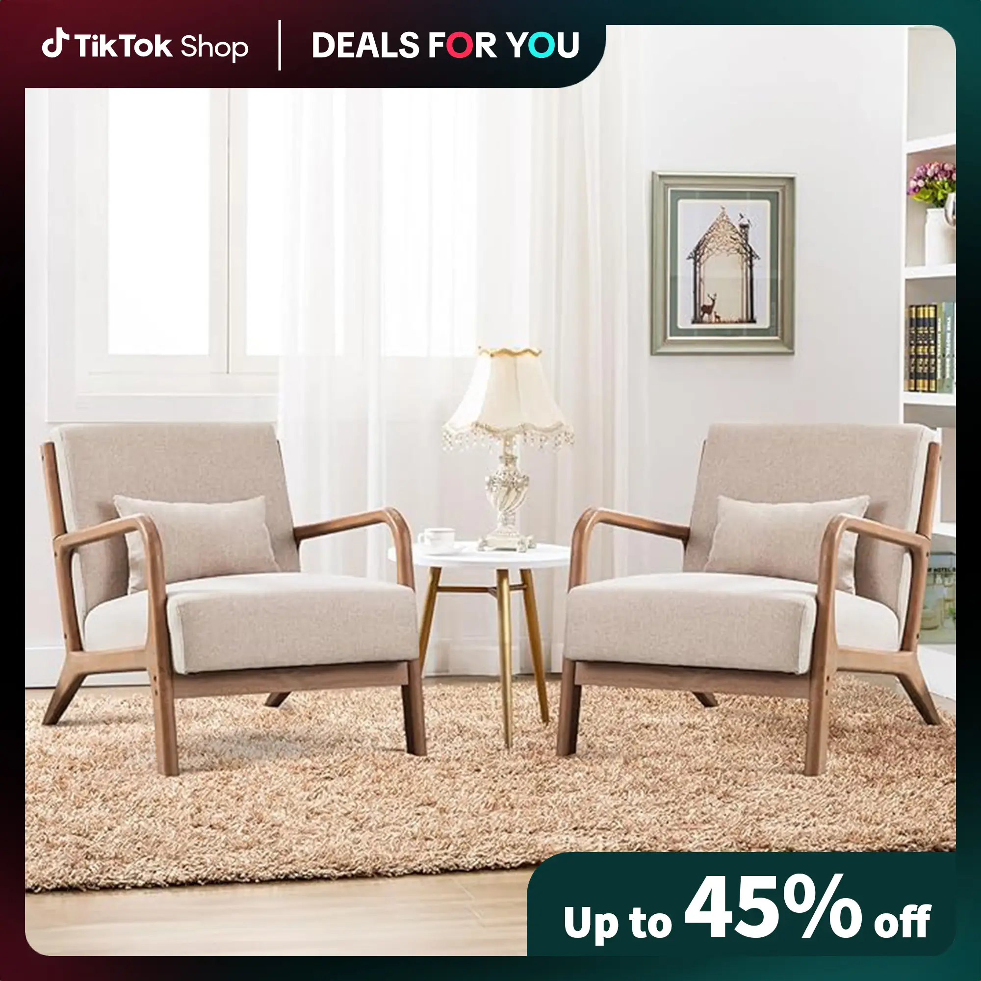 [Restock][Set of 2]EBELLO Modern Arm Chairs , Mid-Century Modern Accent Chair Upholstered Lounge Chair with Pillow and Solid Wood Frame, Linen Fabric