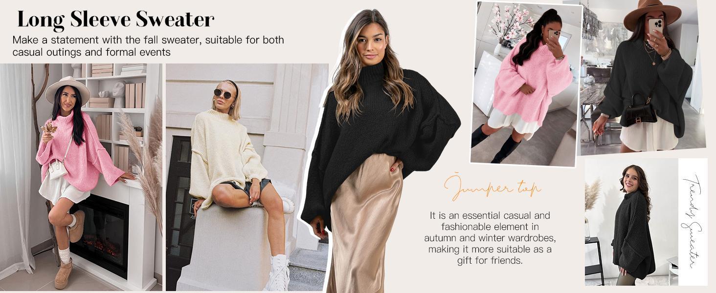 Imily Bela【Oversized】Womens Sweaters Mock Neck Batwing Long Sleeve Fall Trendy Ribbed Knit Casual Tunic Sweater