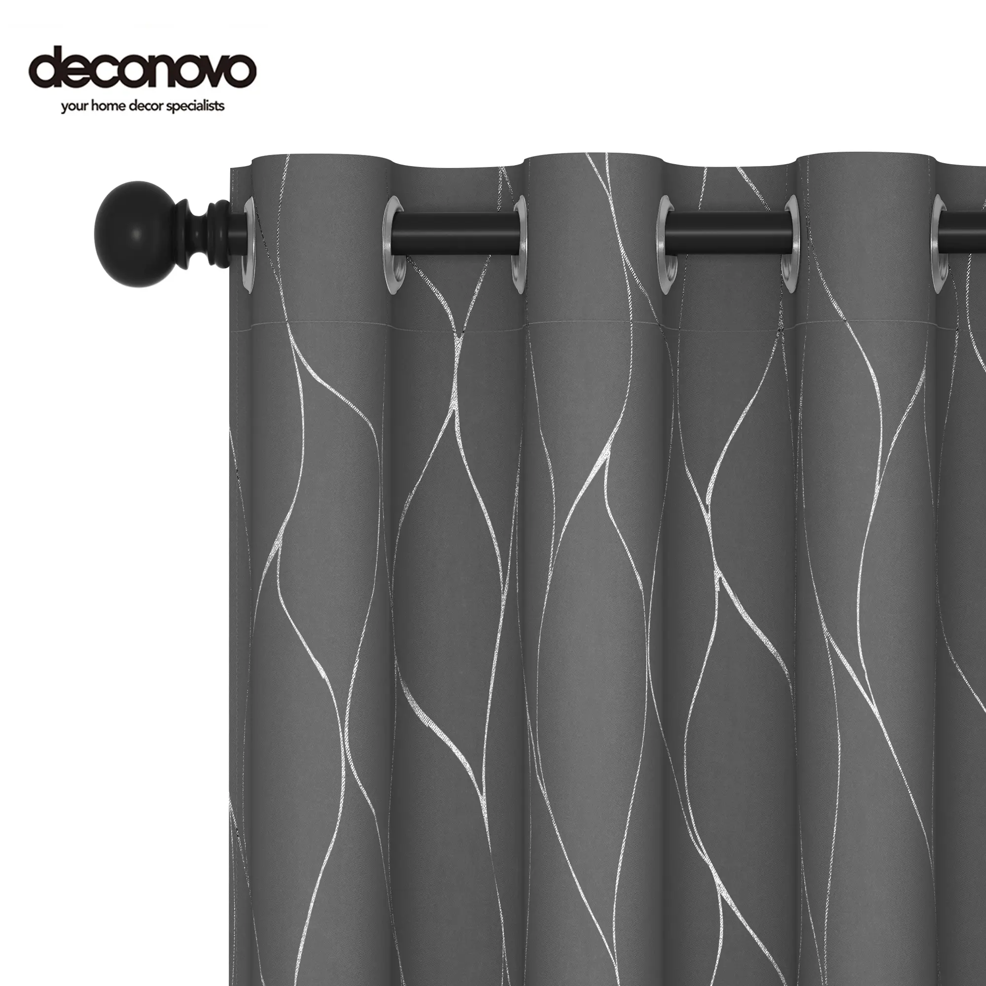 Deconovo Silver Wave Foil Print Grommet Blackout Curtains - Privacy Darkening Drapes with Thermal Insulation for Bedroom, Living Room, Privacy Curtain, Darkening Curtains