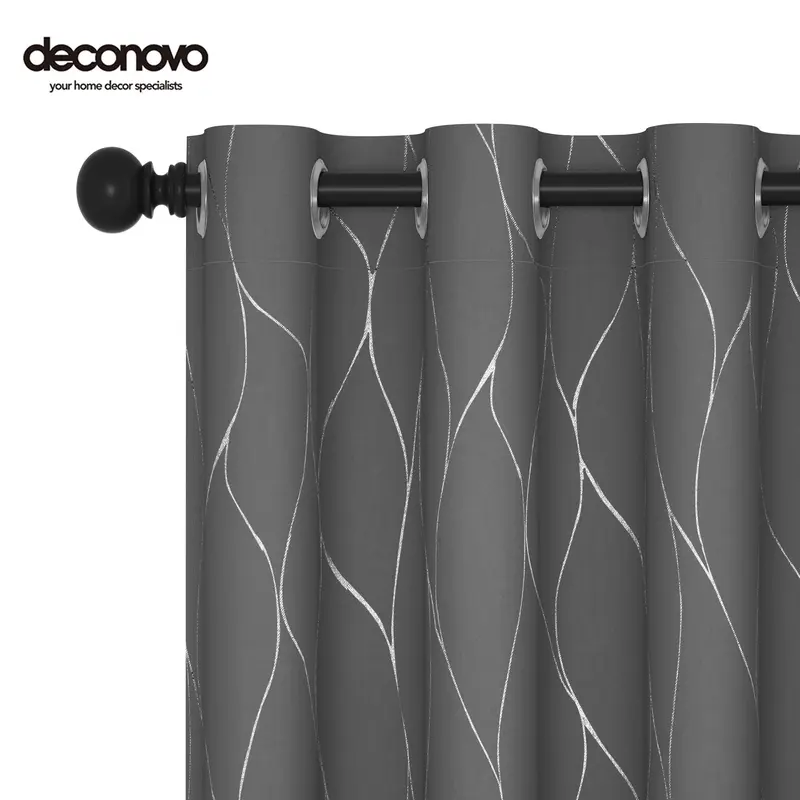 Deconovo Silver Wave Print Grommet Blackout Curtain Panels - 100% Polyester 98% Light Block, Noise Reduction, Thermal Insulated, Energy-Saving Privacy Blackout Window Cover & Home Decoration Curtain for Bedroom, Living Room (Hand Wash Only, Do Not Bleach)