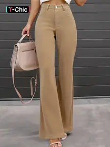 Women's Corduroy Elastic Flared Bell Bottoms, Pure Color Pocket High Waist Casual Pants, Vintage Style Spring & Fall Fashion Womenswear