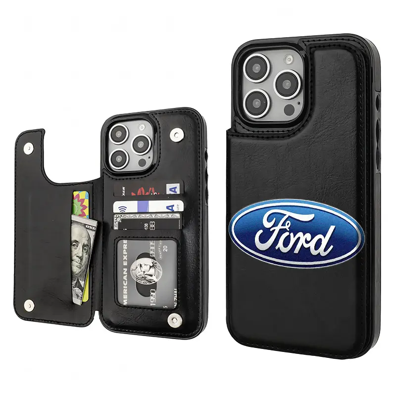 Ford Minimalist Heritage Aesthetic Pattern PU Leather Card Holder Phone Case - TPU Shockproof Protective Casing, Customized Stylish Gift Phone Accessory for iPhone 12/13/14/15/16 Pro/Plus/Max