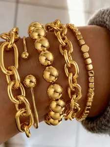 Five-In-One Retro Punk Beaded Bracelet Set, Lightweight Chain Wristband, Elastic Disk Bracelet, Perfect for Women's Daily Wear, Parties, Gifts