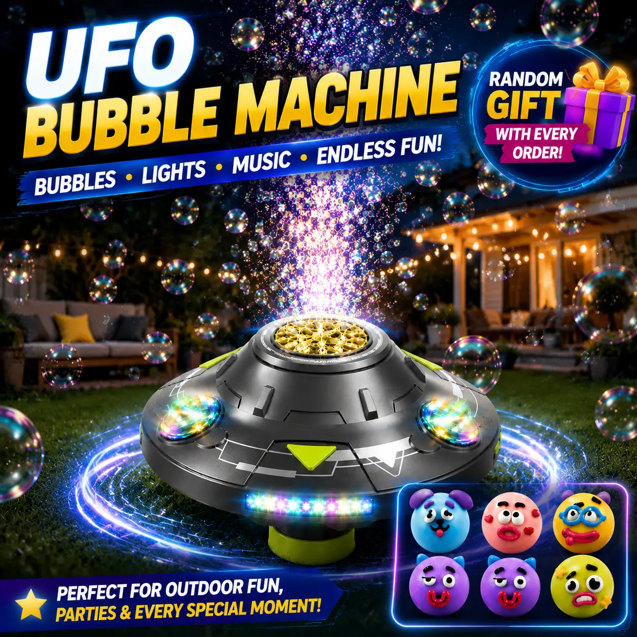 UFO Bubble Machine for Kids with Random Gift, Auto Moving Bubble Maker with Colorful LED Lights, Music & 360° Spinning Fun Outdoor Toy