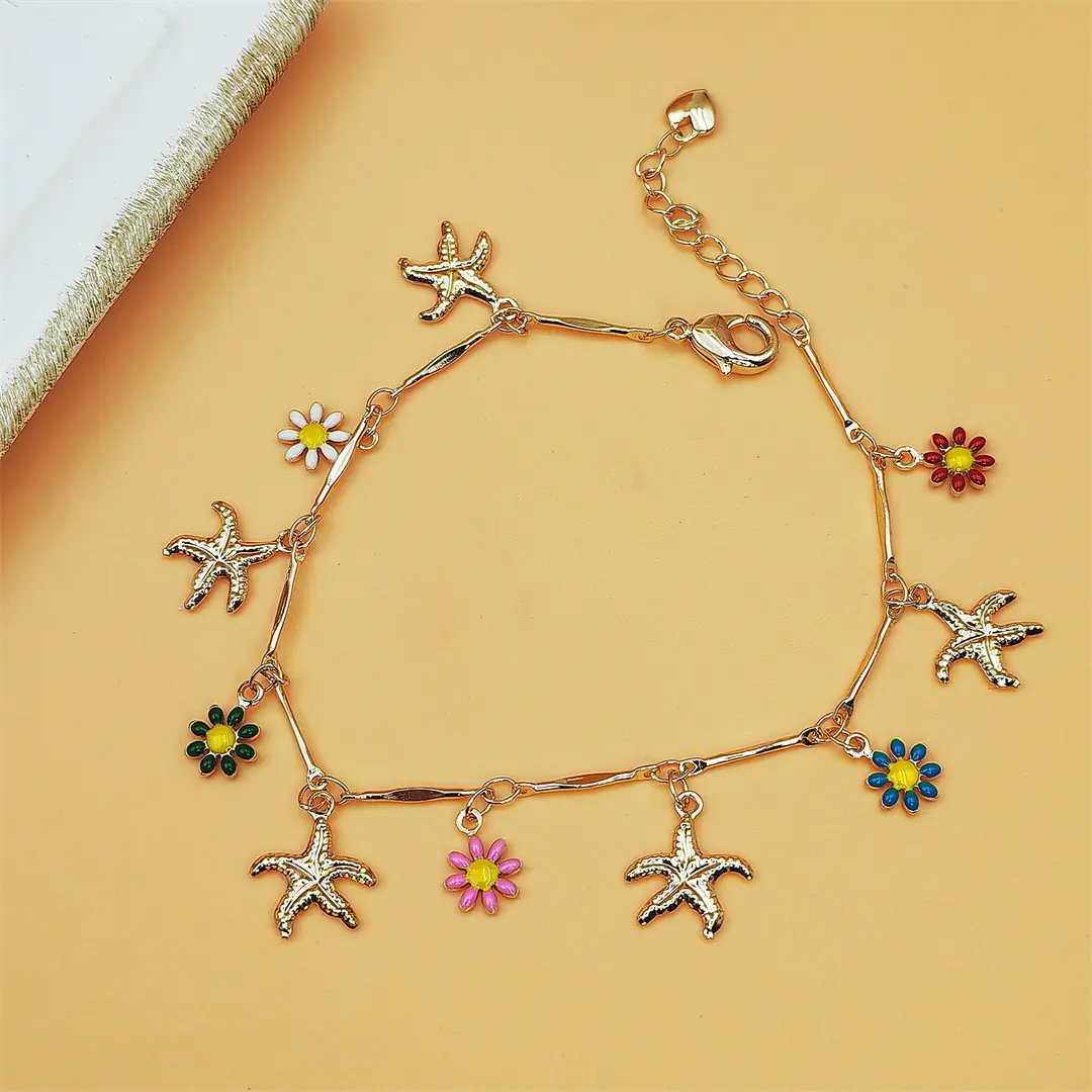 Women's Adjustable Gold-Tone Anklet - Starfish, Multicolor Enamel Daisy Charms, Heart Extension Chain, Lightweight Durable Sports & Outdoor Beach Jewelry, Exquisite Jewelry Gift, Fashionable Jewellery Accessories for Summer Vacation