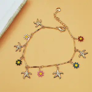 Starfish and Colorful Daisy Charm Anklet Gold Tone Chain with Starfish Charms and Multicolor Enamel Daisy Accents Adjustable Heart Extension Chain Beachy and Floral Jewelry for Women Perfect for Summer and Vacation Wear Lightweight and Durable Ideal Gift