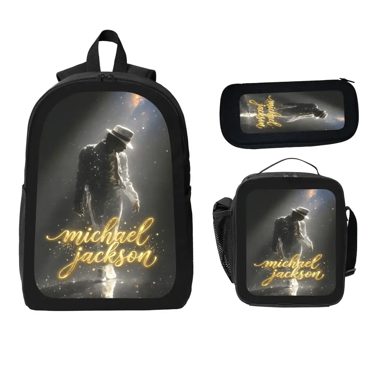 Michael Jackson Themed Stylish 3-Piece Lightweight Casual Backpack Set for Teens - Graphic Print, Zipper Closure, Includes Lunch Bag & Pencil Case, Perfect Fan Gift for High School Campus, Travel Use, Daypack