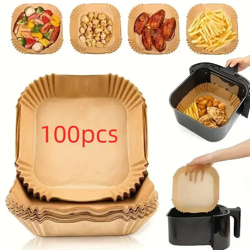 Non-Stick Baking Paper Pads, 100 Pre-Cut Air Fryer Papers, High Temperature Resistant, Microwave Safe, Ideal for Baking, Frying, Cooking, Nonstick Baking Paper, Home Baking Supplies