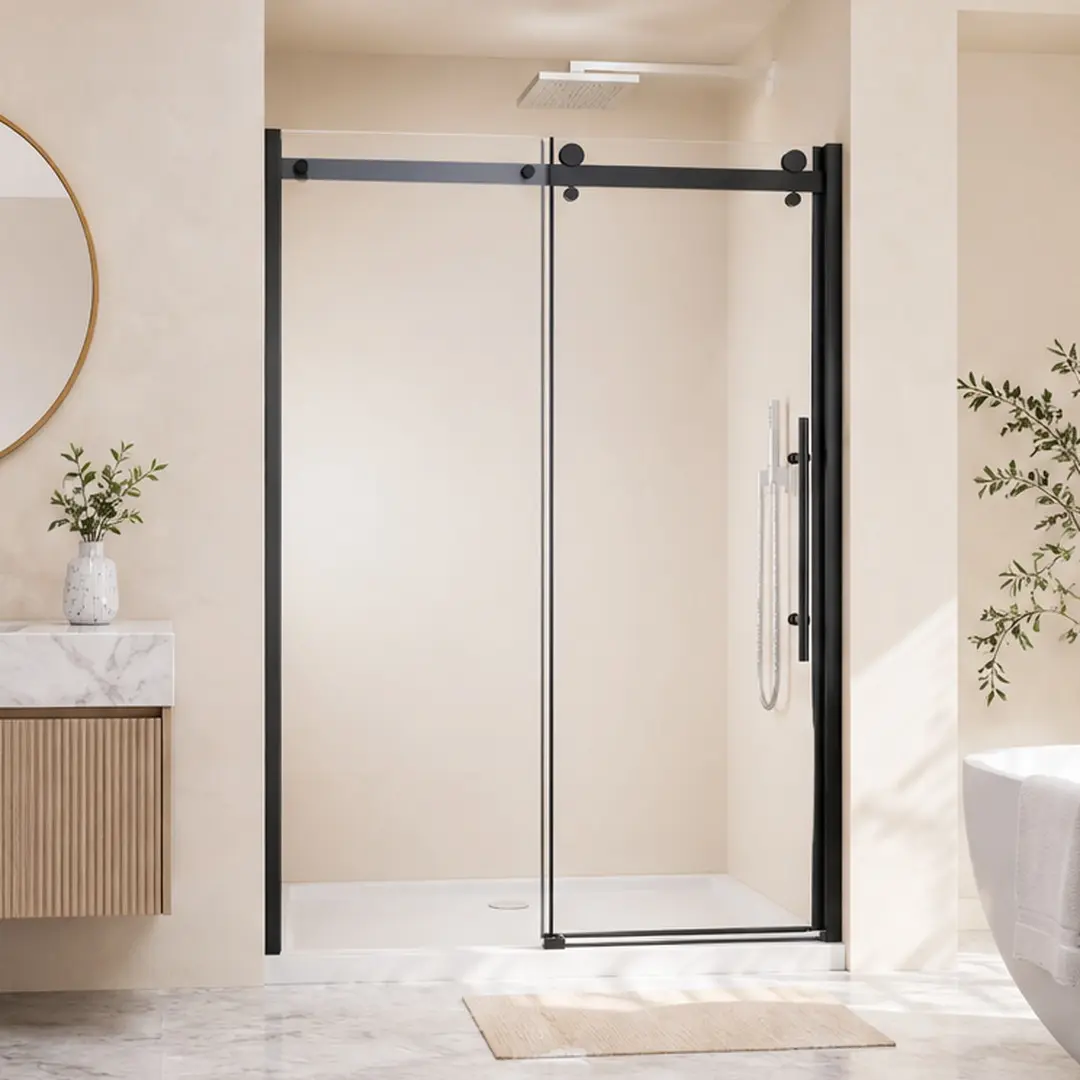 ARCH 48" W x 72" H Frameless Single Sliding Shower Door, 1/4" Clear Tempered Glass, Matte Black Aluminum Frame, Zinc Roller Rail System, Stainless Steel Handle, Reversible Installation, Waterproof Bottom Seal, Modern Bathroom Enclosure