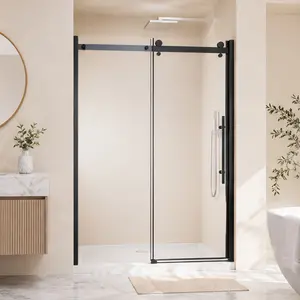 ARCH 48" W x 72" H Frameless Single Sliding Shower Door, 1/4" Clear Tempered Glass, Matte Black Aluminum Frame, Zinc Roller Rail System, Stainless Steel Handle, Reversible Installation, Waterproof Bottom Seal, Modern Bathroom Enclosure