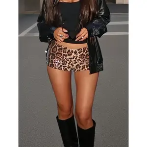 Women's Leopard Print Shorts, Leopard Print Sequin Slim-Fit Shorts for Women, Hip-Hugging Fit with Black Trim, Sparkling and Eye-Catching, Effortlessly Create a Hot Style, Super Eye-Catching for Parties and Outings