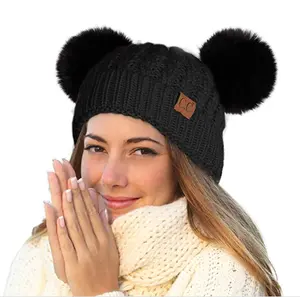 Women's Solid Winter Double Pom Pom Beanie Hat