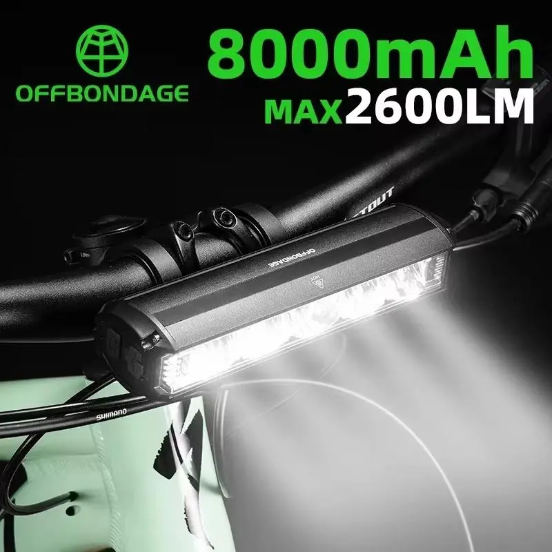 OFFBONDAGE Bicycle Front Light, 2600 Lumens Bike Light, 8000mAh Waterproof Flashlight with USB Charging, MTB and Road Cycling Lamp Accessories