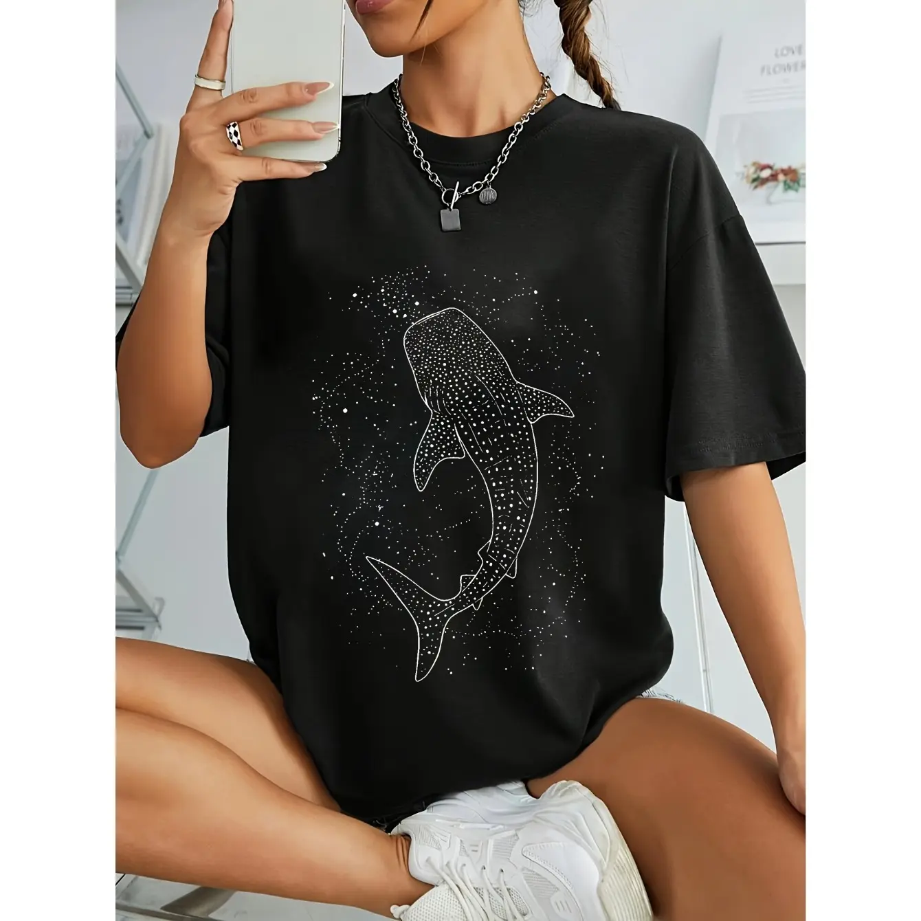 Women's whale shark with starry print Graphic T-Shirt - Black Short Sleeve Crew Neck Regular Fit Casual Wear |   Soft & Breathable Fabric, Durable Print, Everyday Comfort, Machine Washable, casual summer indoor lifestyle