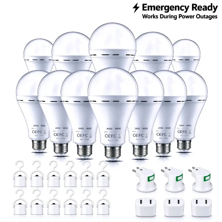 12 Packs Rechargeable Emergency LED Light Bulb A21 E26/E27, 9W 60W Equivalent 6000K Daylight, 2200mAh Battery, With 12 Hooks,3 Plug Cap,3 Socket Adapter, Works During Power Outage, Energy Saving Safety Light for Home Hurricane Blackout