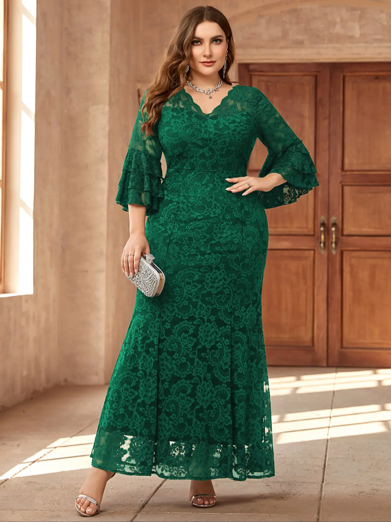 MISSMAY YP83059 Plus V-Neck Ruffle Sleeve Floral Lace Mermaid Hem Evening Party Long Dress, Winter Dress, New Year Dress, Wedding Guest Dress, Prom Dress, For Birthday, Festivals, Graduation, Dinner
