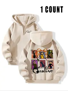Women's Coraline Character Stamp Graphic Hoodie, Beige Half-Zip Oversize, Loose Hoodie, Gift for Coraline Lovers & Whimsical Fans, Movie Nights & Trendy Outfits