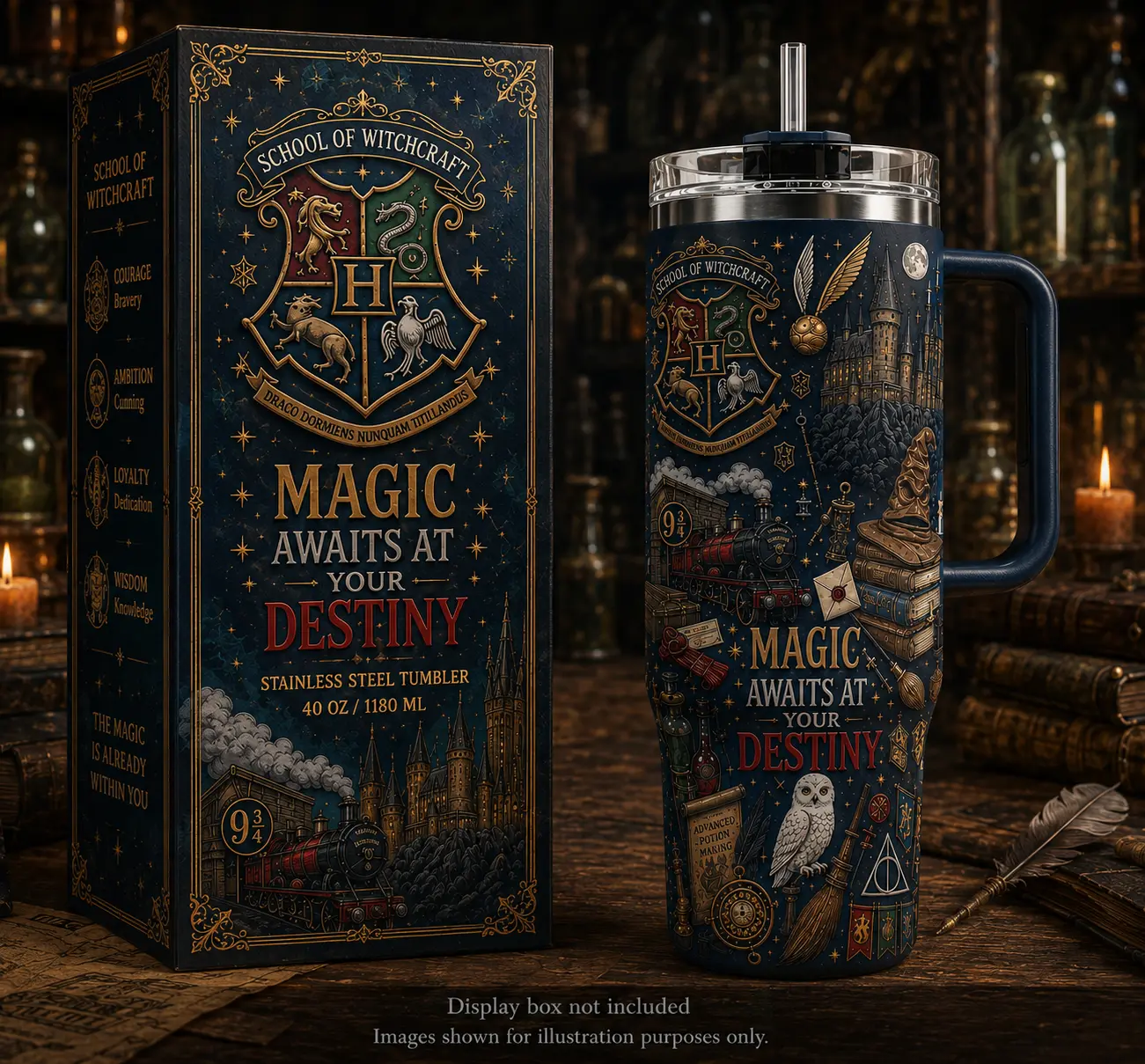 Magic Awaits 40oz Tumbler, Wizard School Inspired Insulated Travel Cup, Dark Academia Fantasy Magic Mug with Handle & Straw, Owl Lover Gift