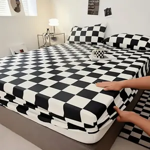 3-Piece Checkered Geometric Digital Print Bed Skirt Set, Multiple Sizes Available, Includes Pillowcase, Modern Design, Soft Breathable Fabric, Perfect Gift