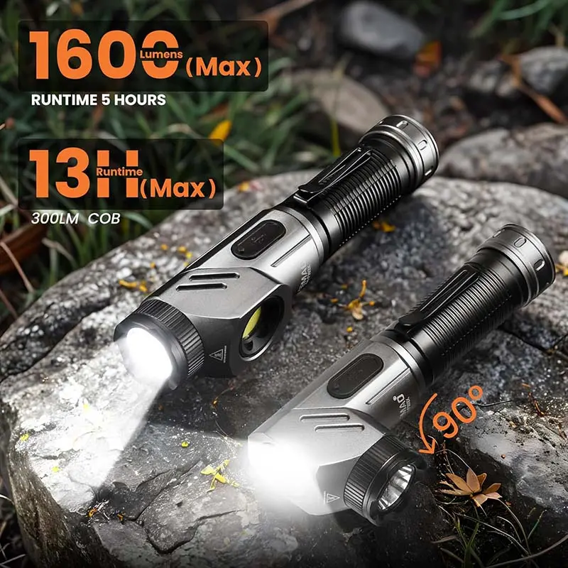 1600 Lumen Rechargeable LED Flashlight - 90° Rotatable Head, Dual-Beam Aluminum Body, IP65 Waterproof, USB Port, Adjustable, 1 Rechargeable Battery for Outdoor Hiking, Car Repair, Led Lights, Floodlight