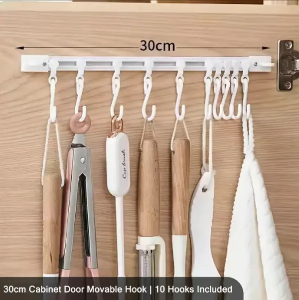 Adhesive Adjustable Hook Rack - 30cm No-Drill Wall Mounted Organizer Rail with 10 Hooks for Kitchen/Bath Utensils and Supplies