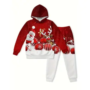 Latest Christmas Boy Hoodie Set, comfortable sports shirt and long pants set, Christmas theme, red and green festive design, featuring Santa Claus, gingerbread children and Christmas decorations, suitable for boys' holiday parties, Christmas clothing