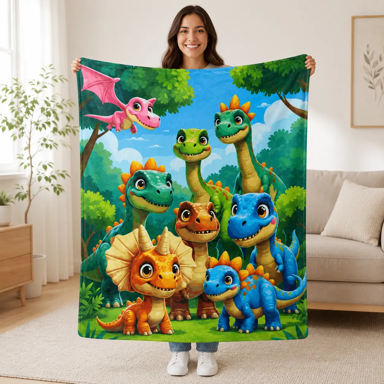 Cute Dinosaur Jungle Adventure Flannel Blanket Cartoon Pattern Soft Funny Throw Blanket Cozy Lightweight Plush Portable Cover Blanket For Sofa Bed Couch Bedroom Kids Room Travel Birthday Christmas Gift
