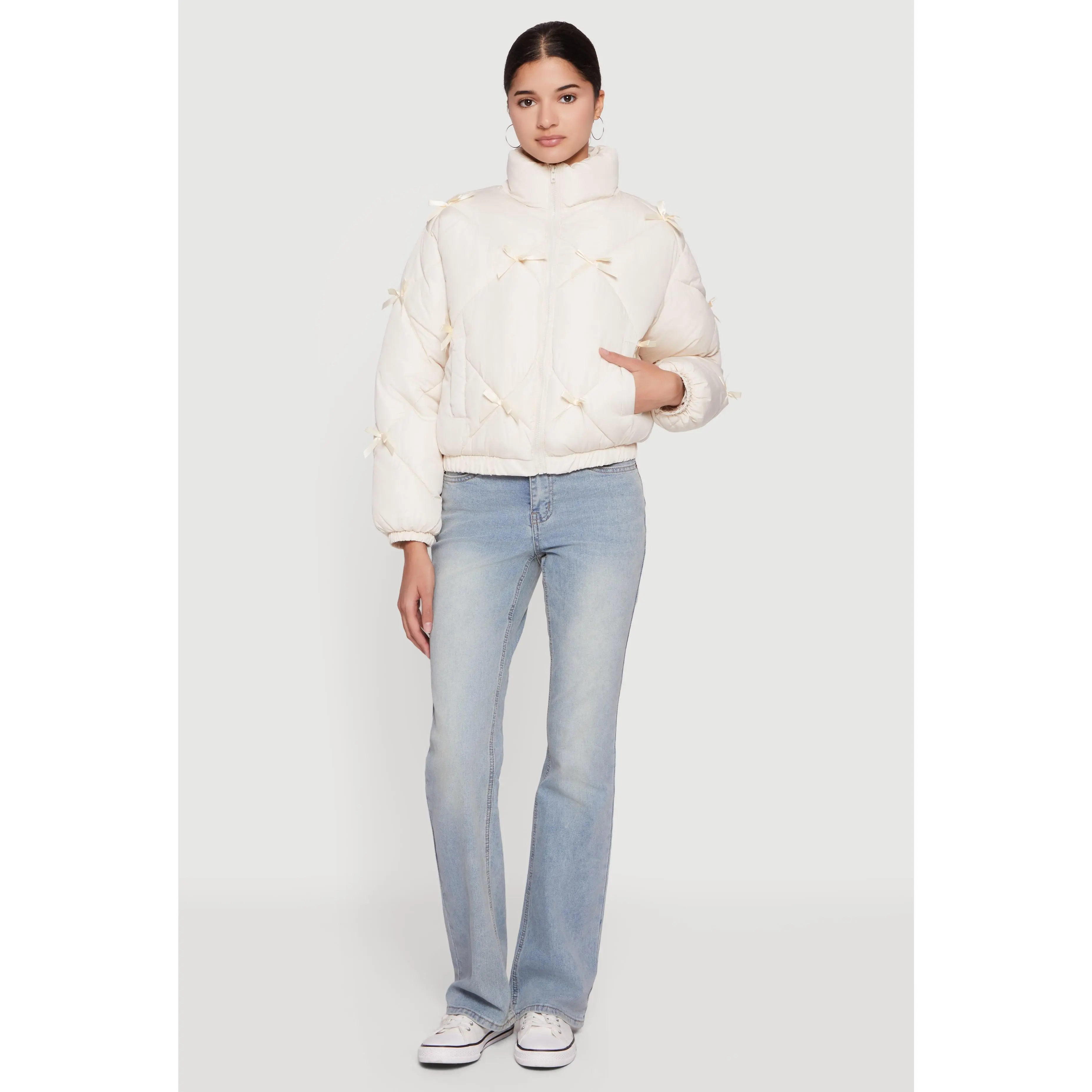 Almost Famous Bow Detail Zip Front Puffer Jacket