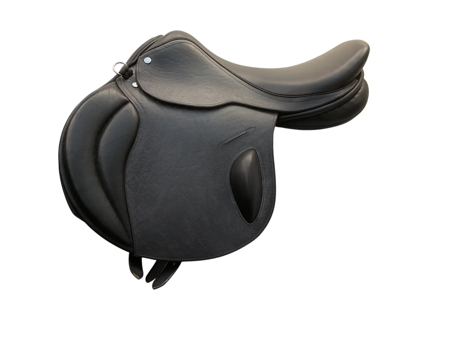 Pre-Owned General Purpose Saddle, 17.5" Semi-Deep Seat, Textured Leather, Medium Tree with Shoulder Gussets & Fixed Blocks for A-Shaped Withers, Includes Plaid Fleece Cover, Masters, 17.5" Seat, Navy/White/Tan Plaid Fleece Saddle Cover, Tack, Top Front Sh
