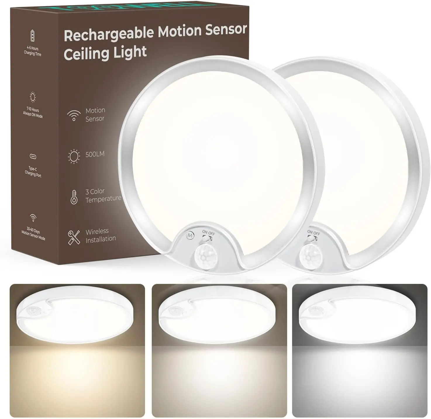 [Summer Finds] No Remote Control, Rechargeable Motion Sensor Ceiling Light, 500LM Battery Operated Waterproof Wireless Closet Lights for Shower Bathroom Porch 2 Pac,Father's Day Gift
