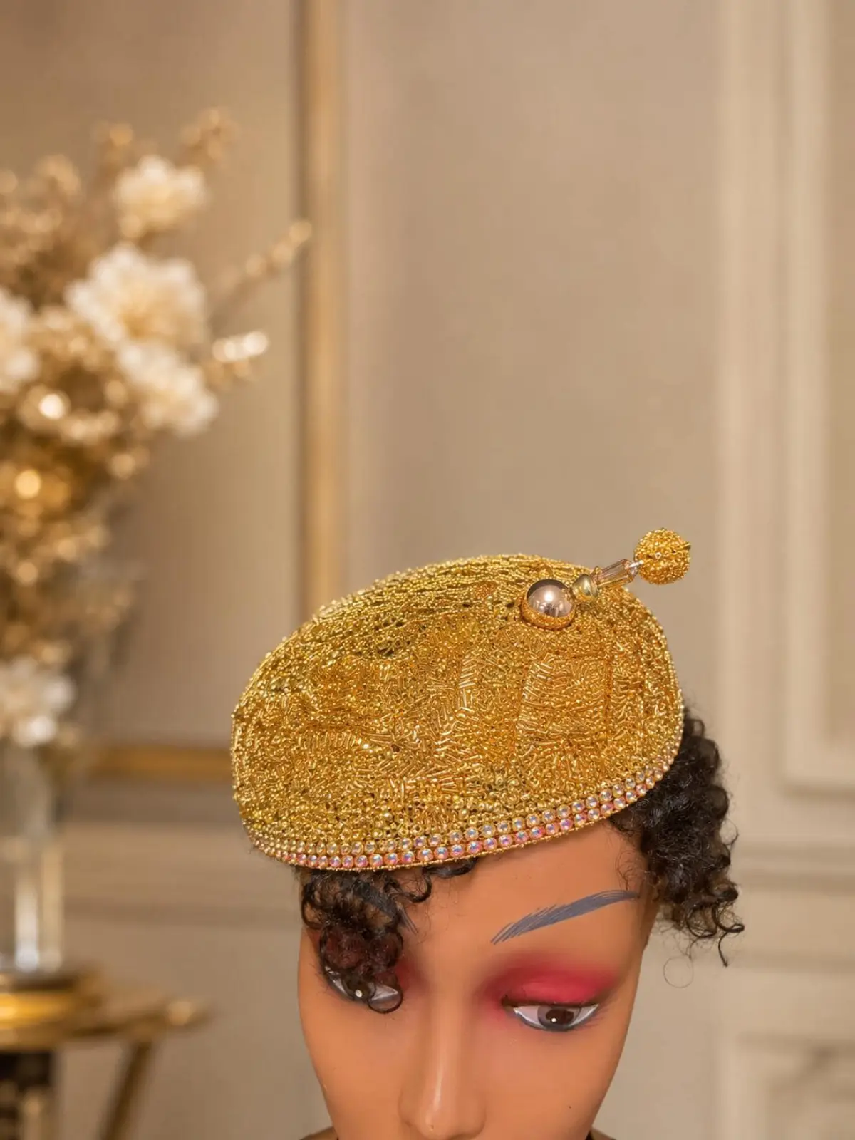 Handcrafted Gold Beaded Fascinator Hat – Elegant Church Hat – Women’s Derby, Wedding & Special Occasion Headpiece
