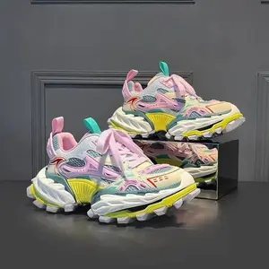 Men's White & Pink Low-Top Sneakers - Breathable Mesh & Upper, Thick Rubber Sole Dad Suitable for Streetwear, Casual Outfits - Comfortable Lace-Up Durable Footwear