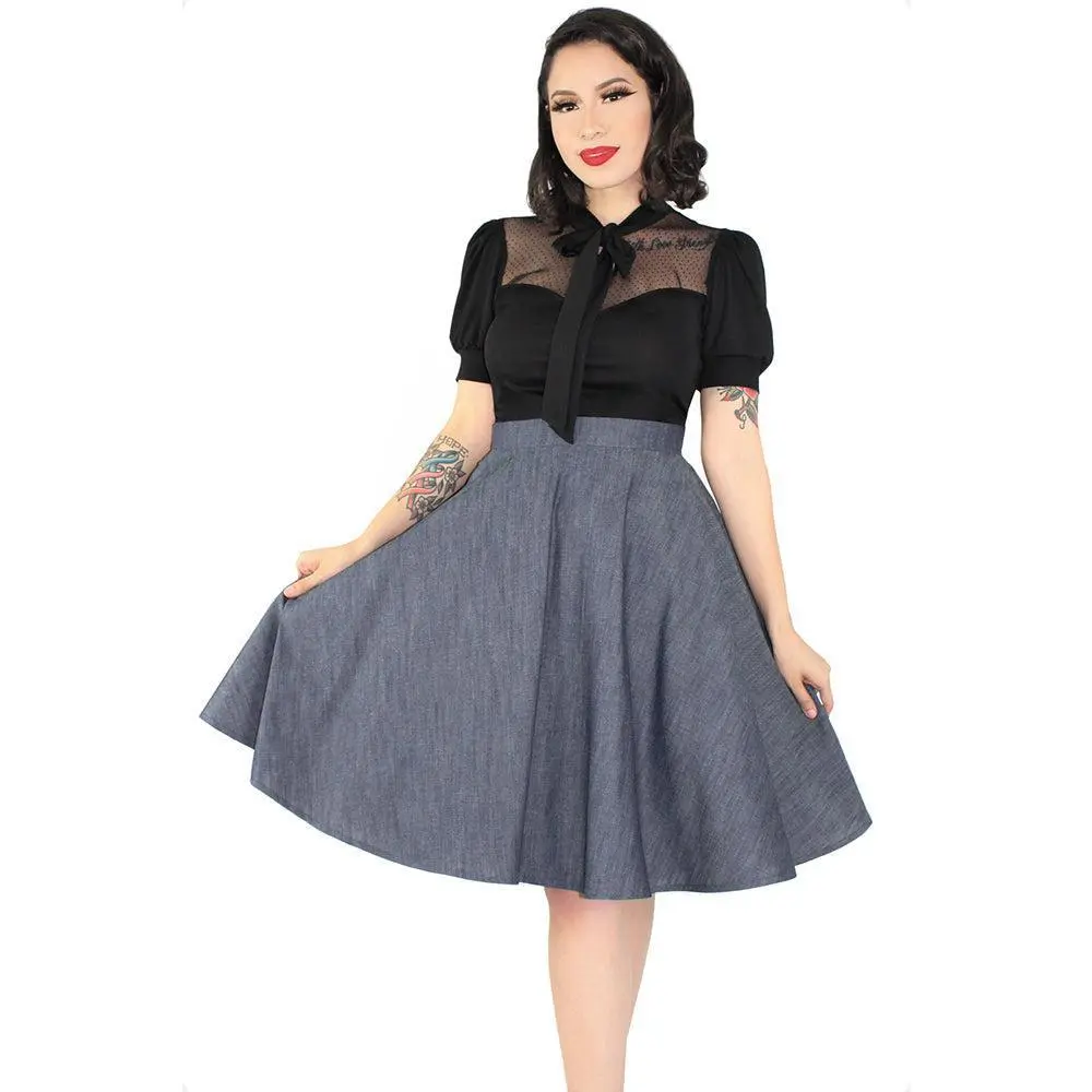 Women's Pinup Rockabilly Denim Circle Skirt - Basic 24-in Flowing Multi-Size Bottom with Pockets, 2x Options, 100% Cotton Fabric, 24 Inches, Chic