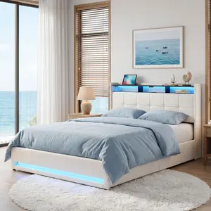 Upholstered Lift Up Storage Bed Frame with LED Lights and Charging Station, Platform Bed, No Box Spring Needed Upholstered Lift Up Storage Bed Frame with LED Lights and Charging Station, Platform Bed, No Box Spring Needed
