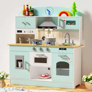 BIERUM Wooden Pretend Play Kitchen Set for Kids 3+ – Realistic Lights & Sounds, Stove, Oven, Microwave, Coffee Maker & Accessories